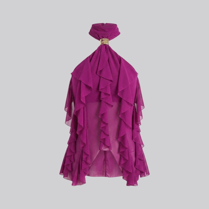 Women's purple ruffle halter top, sleeveless formal blouse with elegant cascading ruffles.