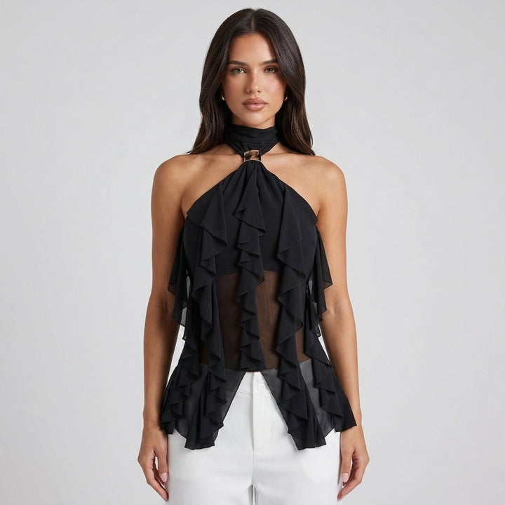 Formal yellow women's halter top, sleeveless blouse with cascading ruffles and tie-back detail.