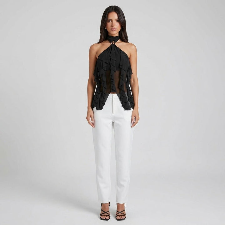 Women's formal black cascading ruffle halter blouse, a sophisticated sleeveless evening top.