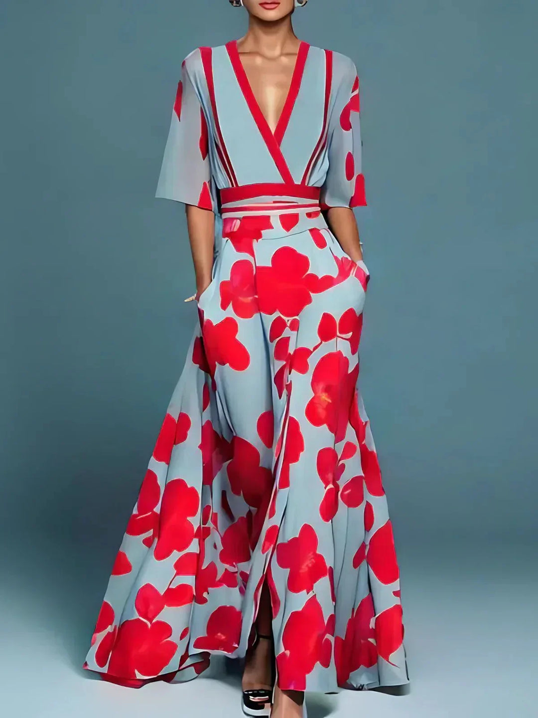 Elegant red floral maxi dress with cape sleeves & V-neck, perfect for formal events, wedding guests, or parties.