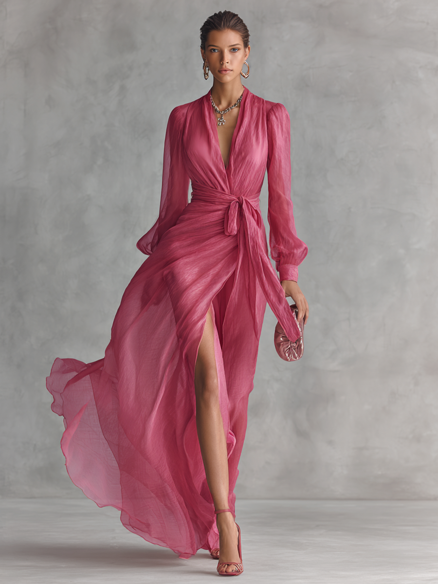 Chic women's flowing V-neck maxi dress with a tie-waist in rose pink. Ideal for special occasions.
