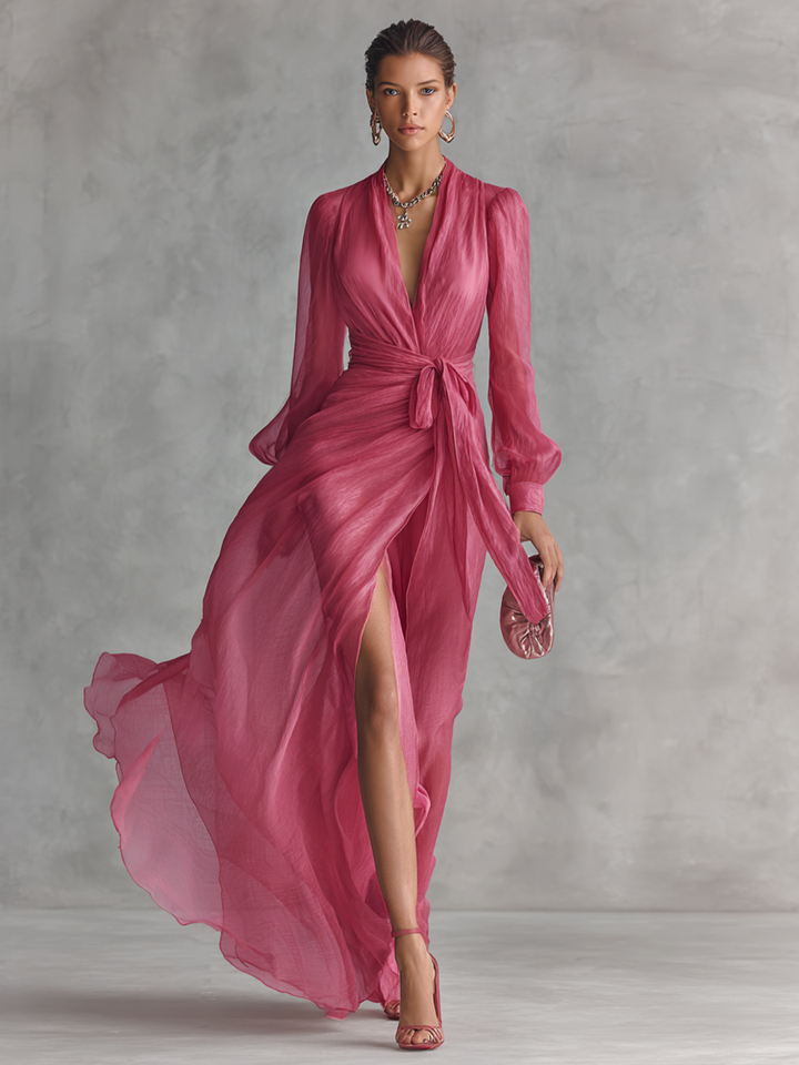 Chic women's flowing V-neck maxi dress with a tie-waist in rose pink. Ideal for special occasions.