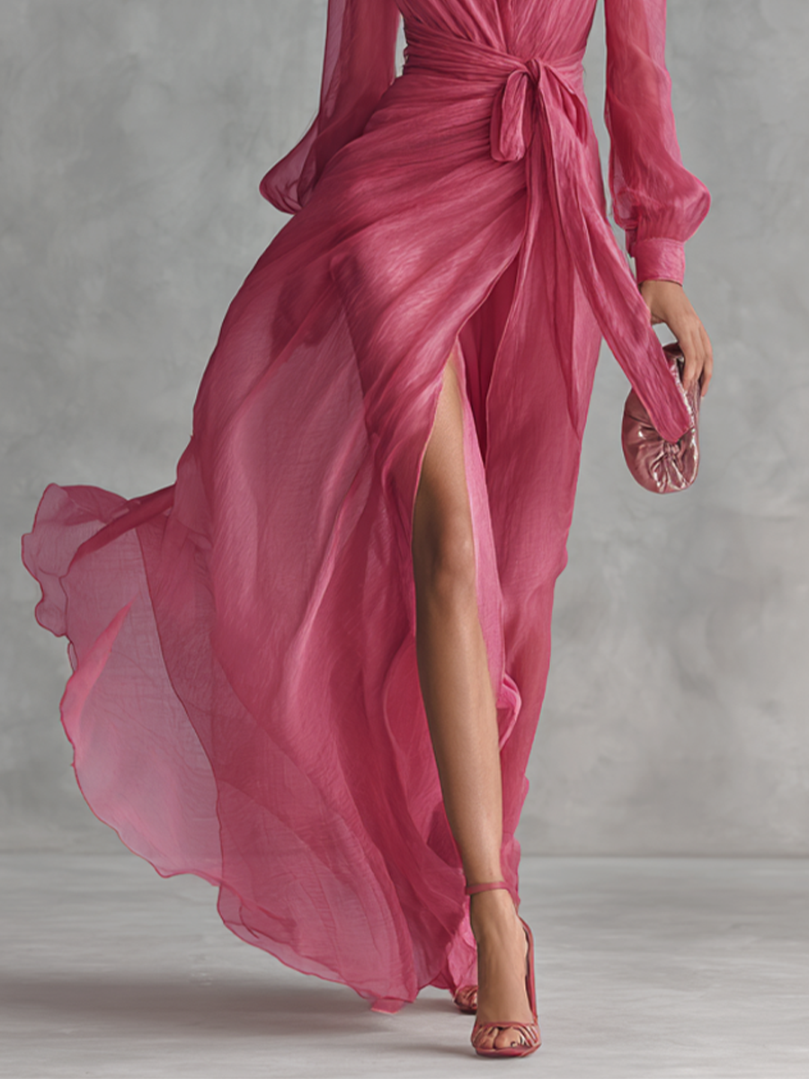 Elegant women's rose pink V-neck maxi dress, tie-waist. Flowing design for chic formal or party wear.