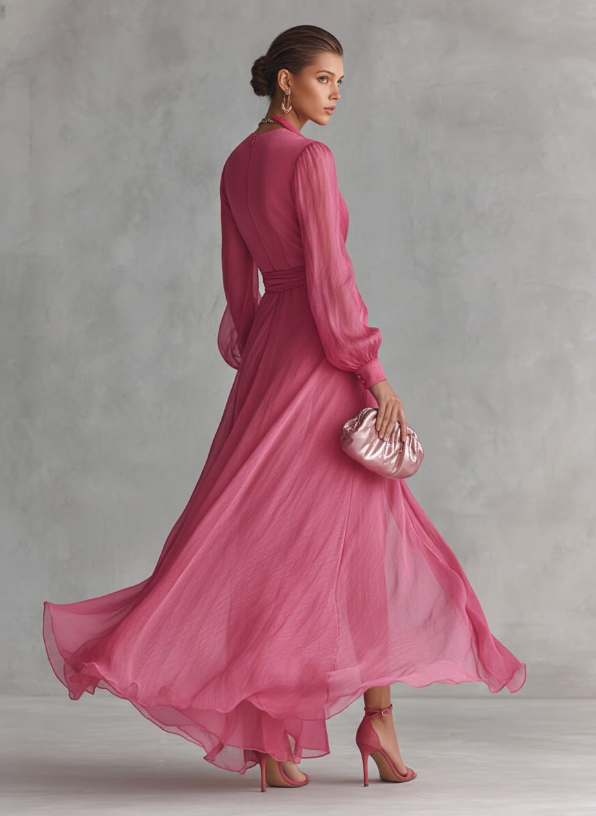Women's sophisticated rose pink V-neck, tie-waist maxi dress. An elegant long dress for any occasion.