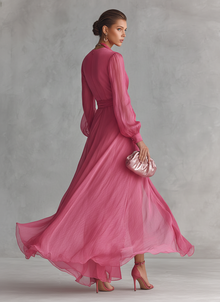 Women's sophisticated rose pink V-neck, tie-waist maxi dress. An elegant long dress for any occasion.
