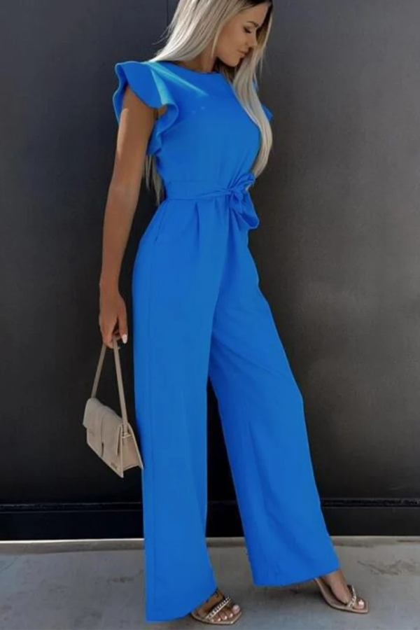 Elegant royal blue women's open back jumpsuit, chic and perfect for parties. Features high waist & long length.