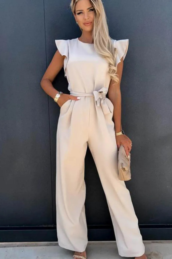 Chic beige women's open back jumpsuit with high waist & long length. Modern spring fashion for elegant wear.