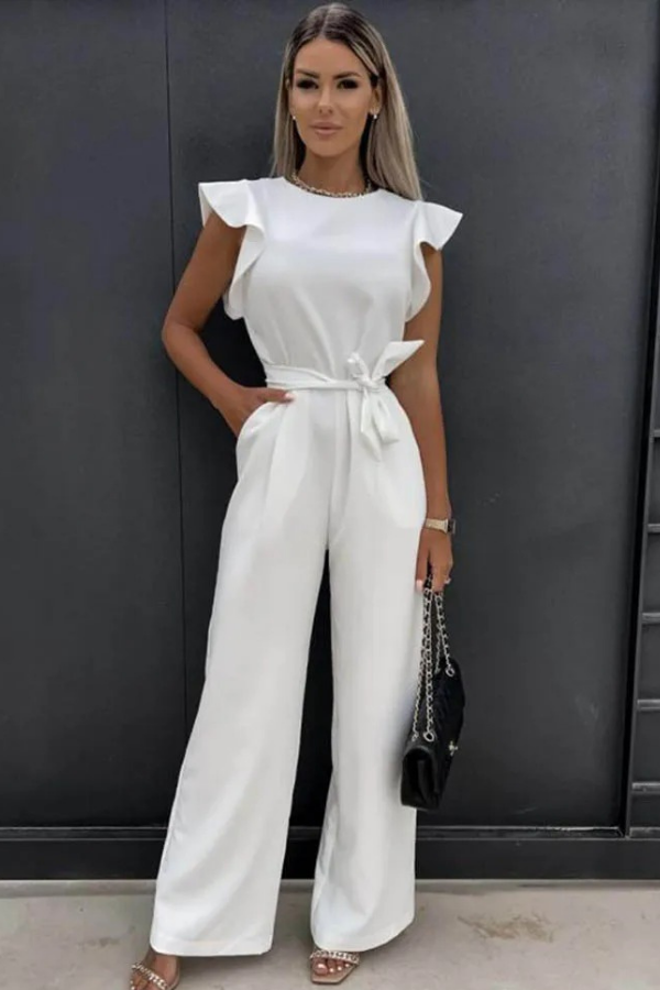Stylish white women's open back jumpsuit, an elegant party outfit. Features a flattering high waist design.