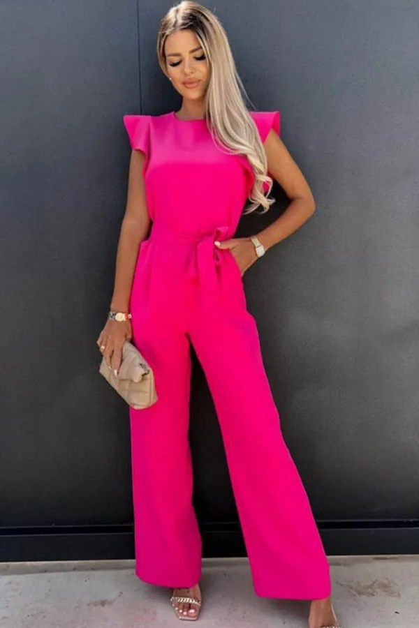 Comfortable & chic pink women's open back jumpsuit. Versatile modern design, perfect for spring fashion.