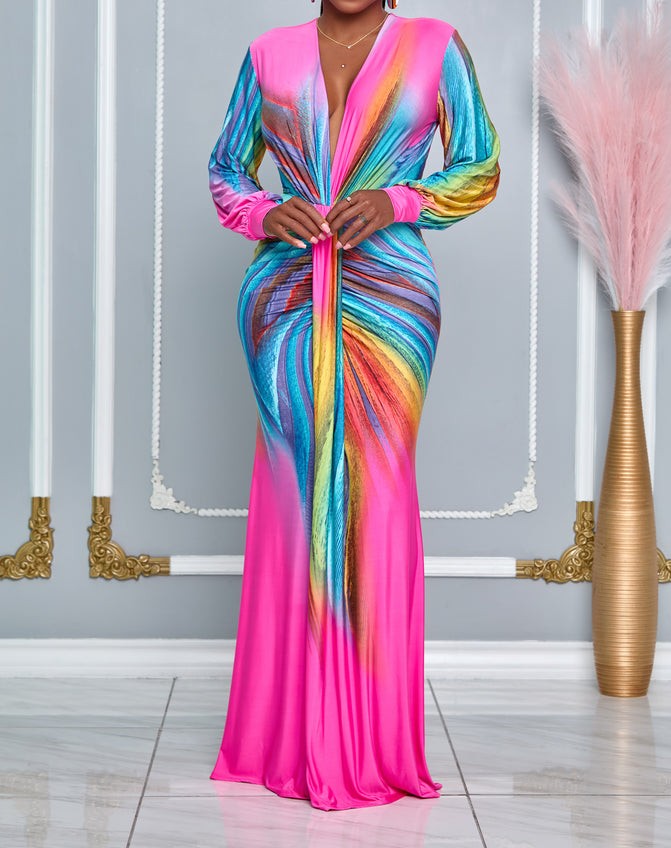 Stunning pink women's elegant ruched V-neck control dress. Flattering silhouette for special occasion wear.