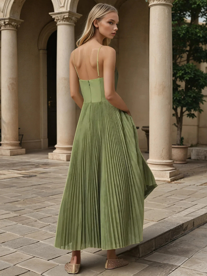 Women's formal sage green corset pleated maxi dress, perfect for summer weddings.
