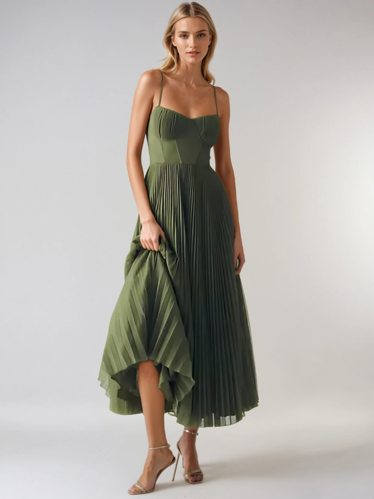 Fashionable women's wedding guest dress: sage green pleated maxi with elegant corset details.