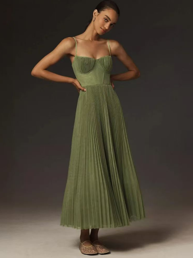 Formal women's sage green pleated maxi dress with a stunning corset top and flowing skirt.