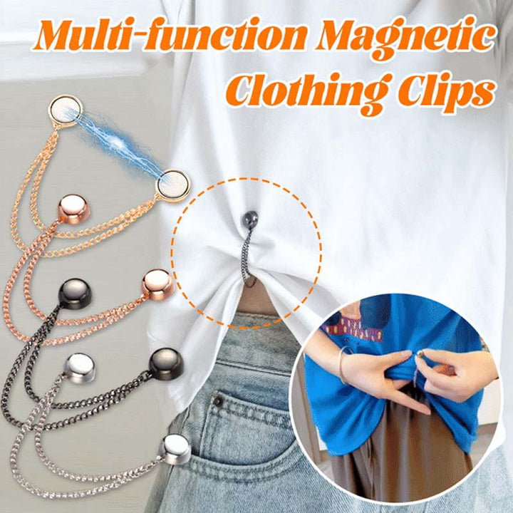 Woman using a gold magnetic clothing clip to cinch a loose-fitting dress, enhancing her silhouette with ease.
