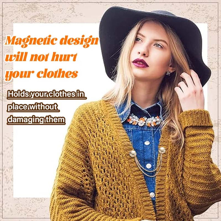 Set of assorted magnetic clothing clips in various finishes (gold, silver, rose gold) for versatile styling.