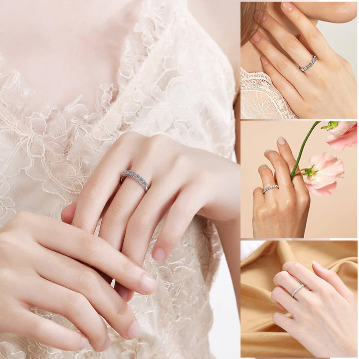 Close-up of a classic women's seven diamond zircon ring, ideal for special occasions.