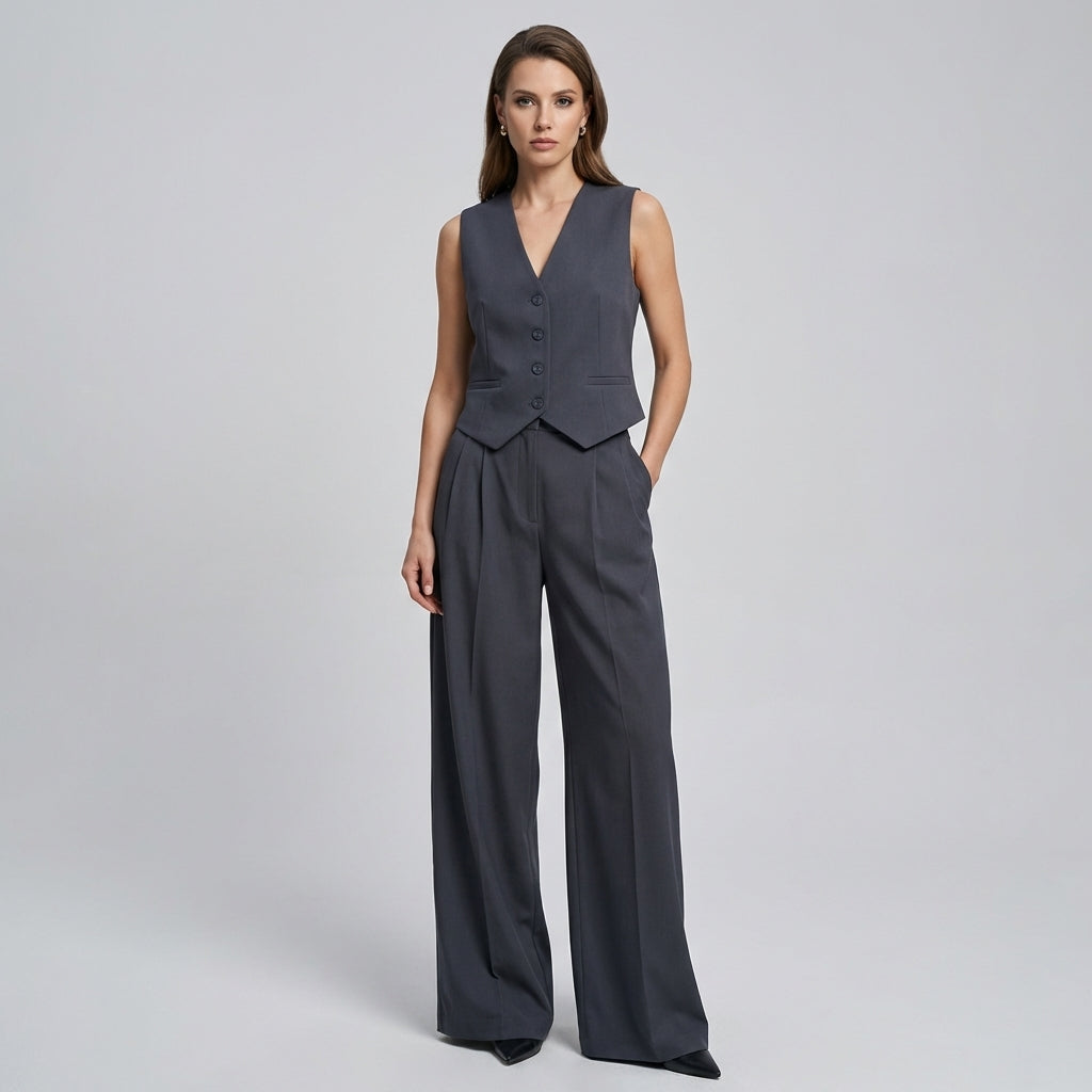 Elegant sleeveless blazer & slim-fit pants set for women. Perfect for professional business casual wear.