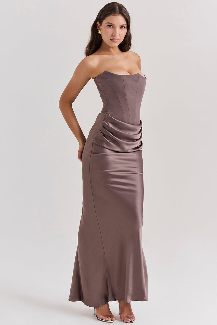 Stylish yellow strapless maxi dress, a bright and elegant choice for a wedding guest dress.