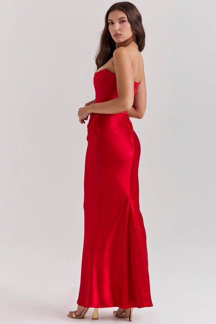 Chic green strapless maxi dress, an elegant option for women attending a wedding as a guest.