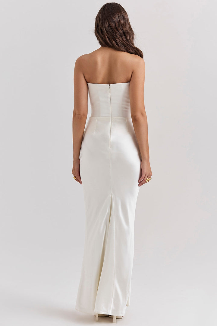 Luxurious red strapless maxi dress for women, a stunning choice for wedding guests and evening wear.