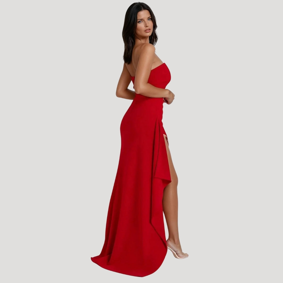 Versatile white strapless maxi dress, can be styled for various formal occasions or as evening wear.