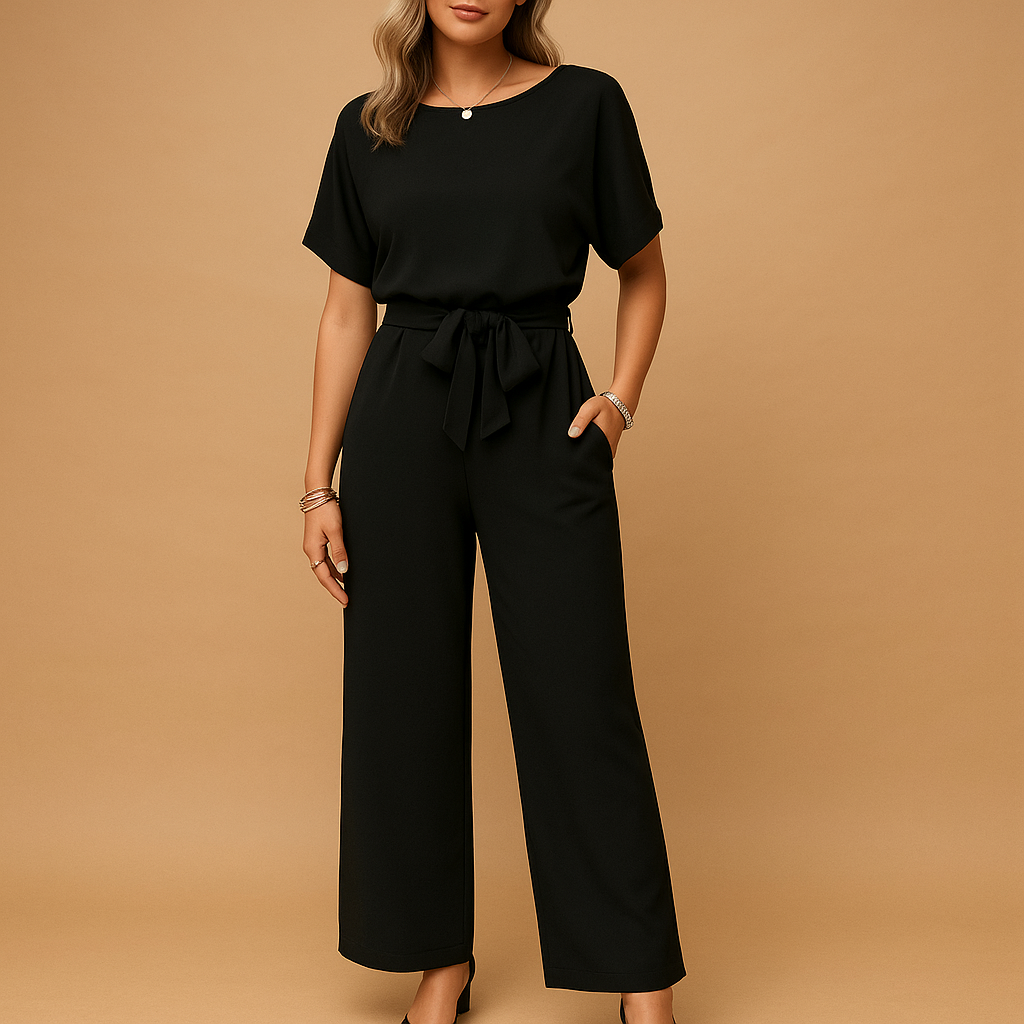 Chic evening jumpsuit with tailored fit and flowy sleeves, perfect for special occasions.