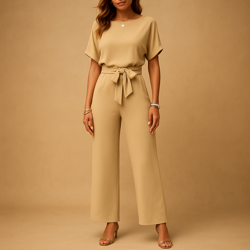 Formal women's jumpsuit, tailored fit, featuring chic flowy sleeves for an elegant special occasion.
