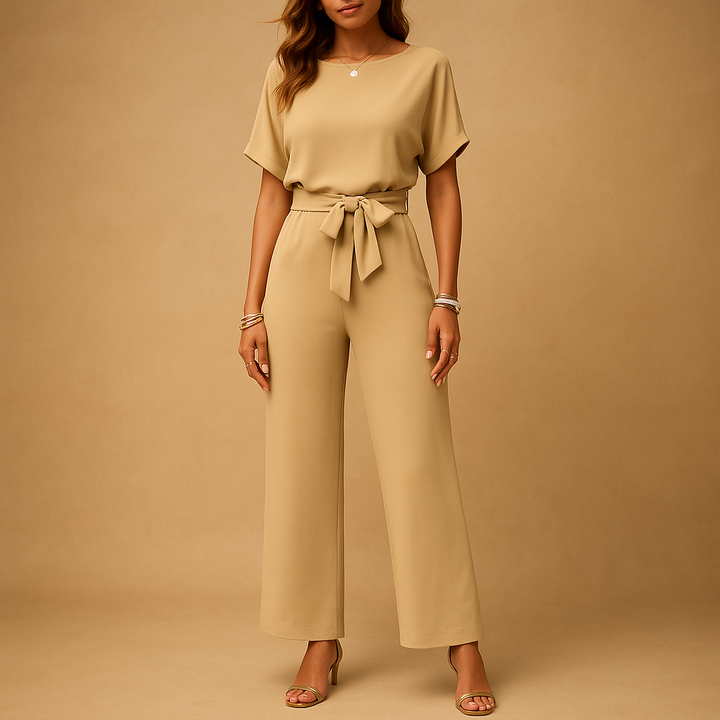 Formal women's jumpsuit, tailored fit, featuring chic flowy sleeves for an elegant special occasion.