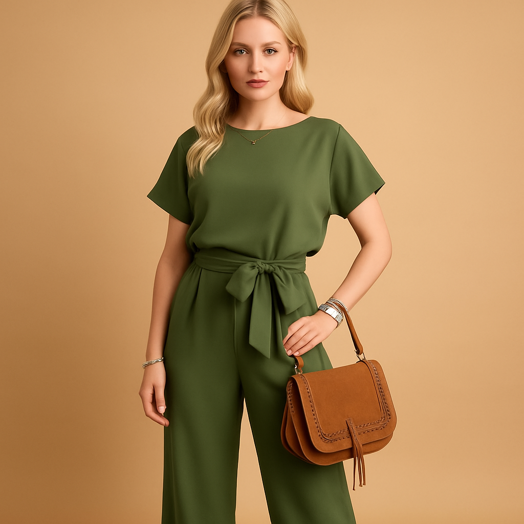 Sophisticated women's tailored jumpsuit with graceful flowy sleeves, ideal for evening wear.