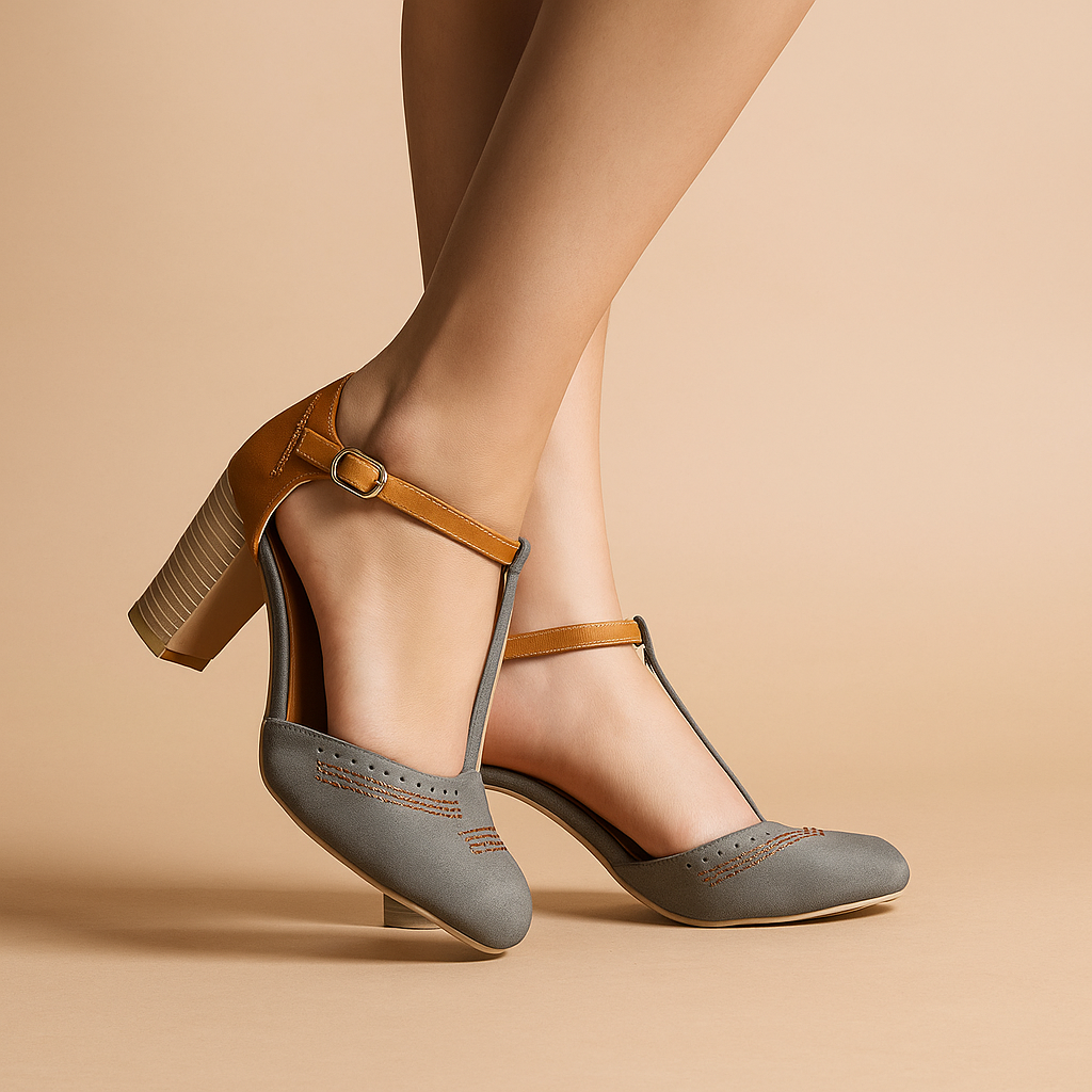 Elegant two-tone block heel shoes for women, perfect for fashion footwear and comfortable wear