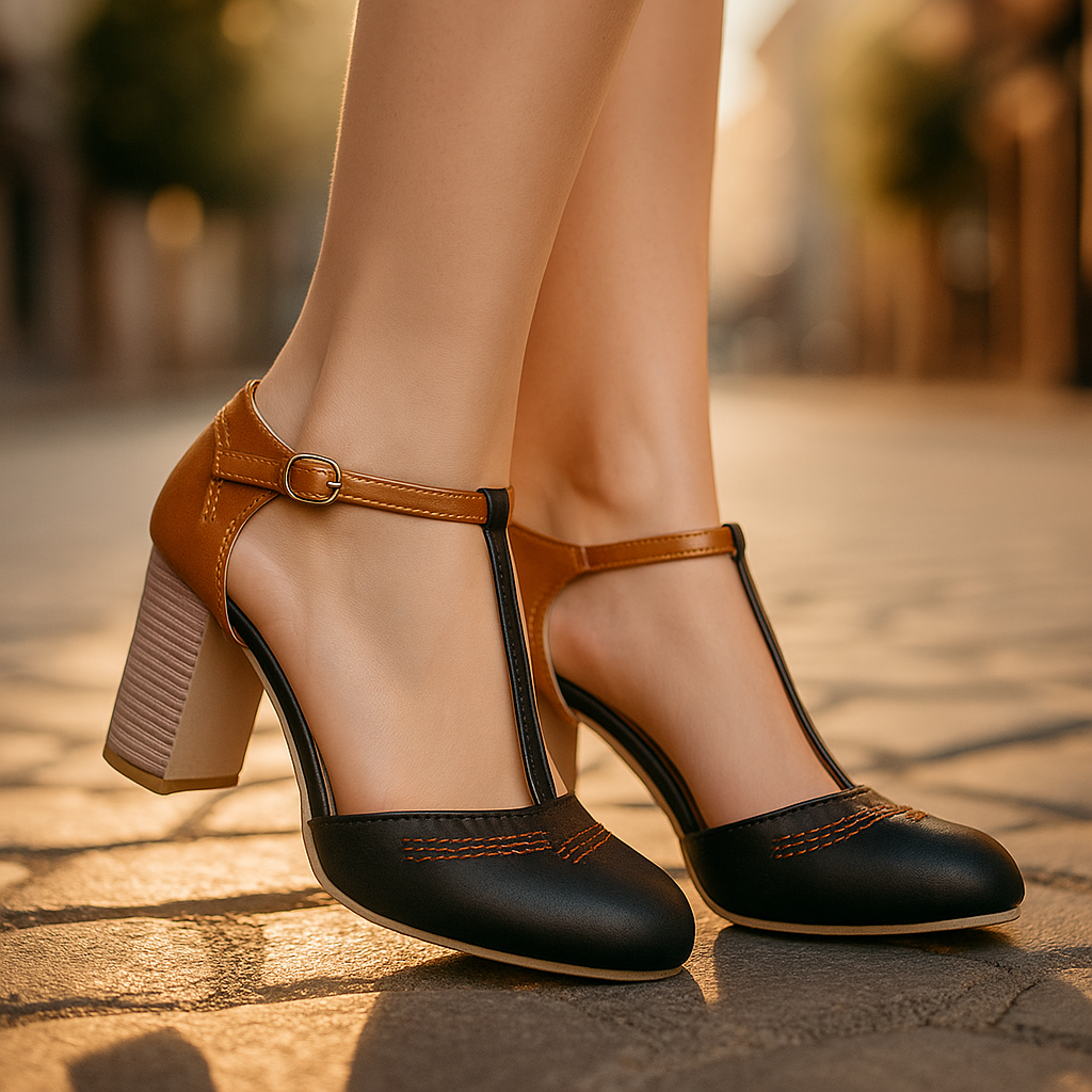 Detail of the comfortable block heel on two-tone women's shoes, emphasizing style and support