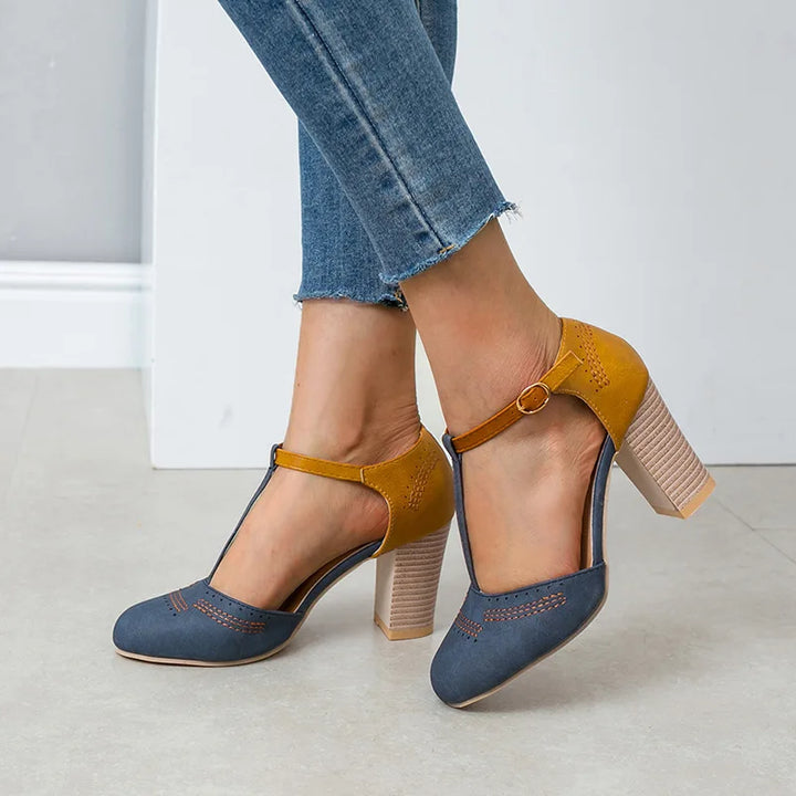 Front view of sophisticated two-tone block heel shoes for women, perfect elegant everyday wear