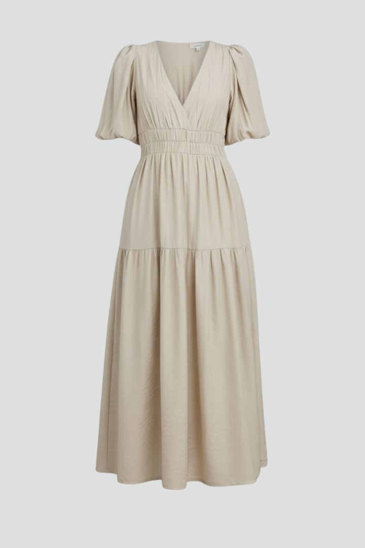 Elegant V-neck midi dress for women, featuring a beautiful flowing tiered hem. Perfect for spring/summer events.
