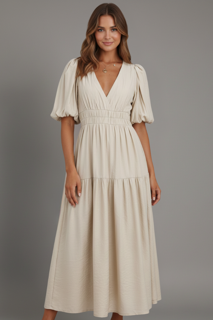 Versatile women's V-neck midi dress with a stylish layered hem, ideal for casual, work or party wear.
