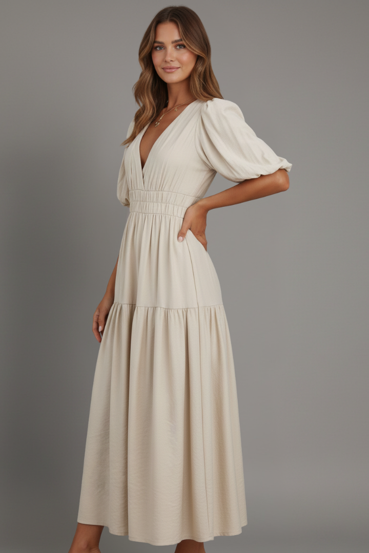 Women's short sleeve summer midi dress. Elegant V-neck design with a flowing tiered skirt. Comfortable & chic.