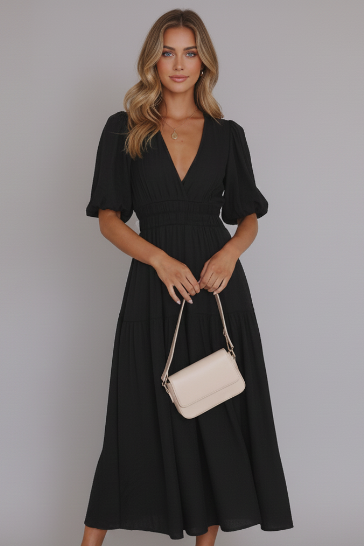Stylish women's V-neck midi dress with a layered, tiered hem. Perfect elegant choice for any occasion.