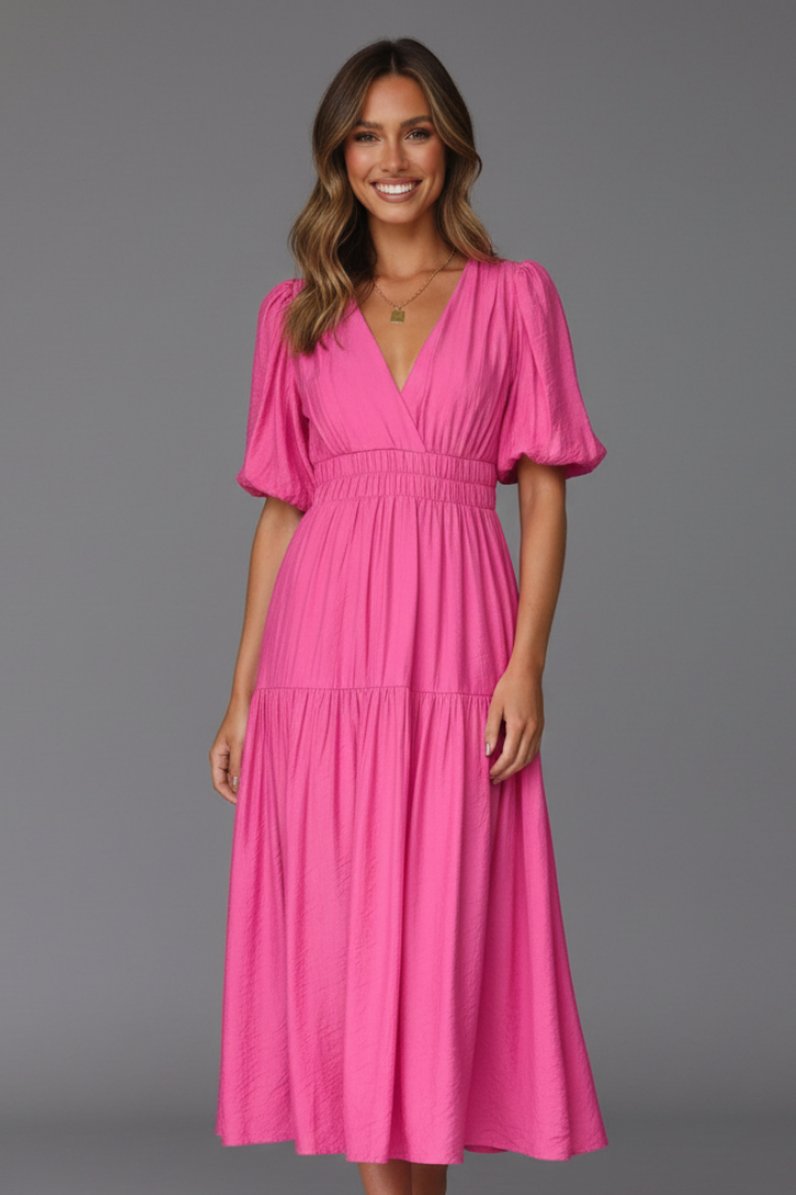 Casual yet elegant women's V-neck midi dress. Features a trendy flowing tiered hem, great for daily wear.