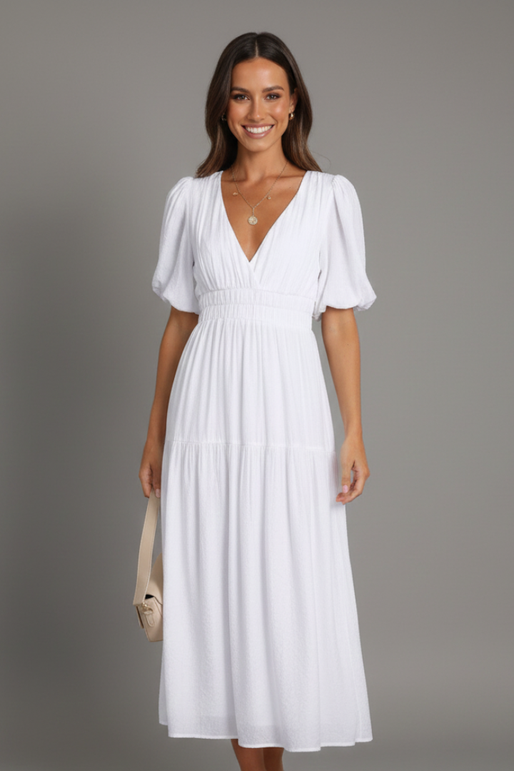Sophisticated women's party or work midi dress. V-neck cut & flowing tiered hem add a touch of elegance.
