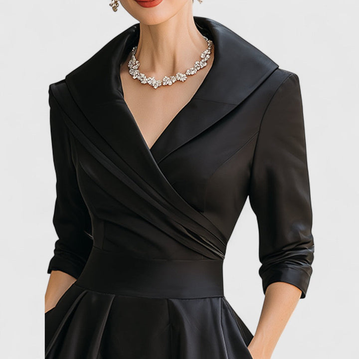 Elegant women's V-neck midi dress with pockets, 3/4 sleeves, ideal for special occasion wear and stylish outings.