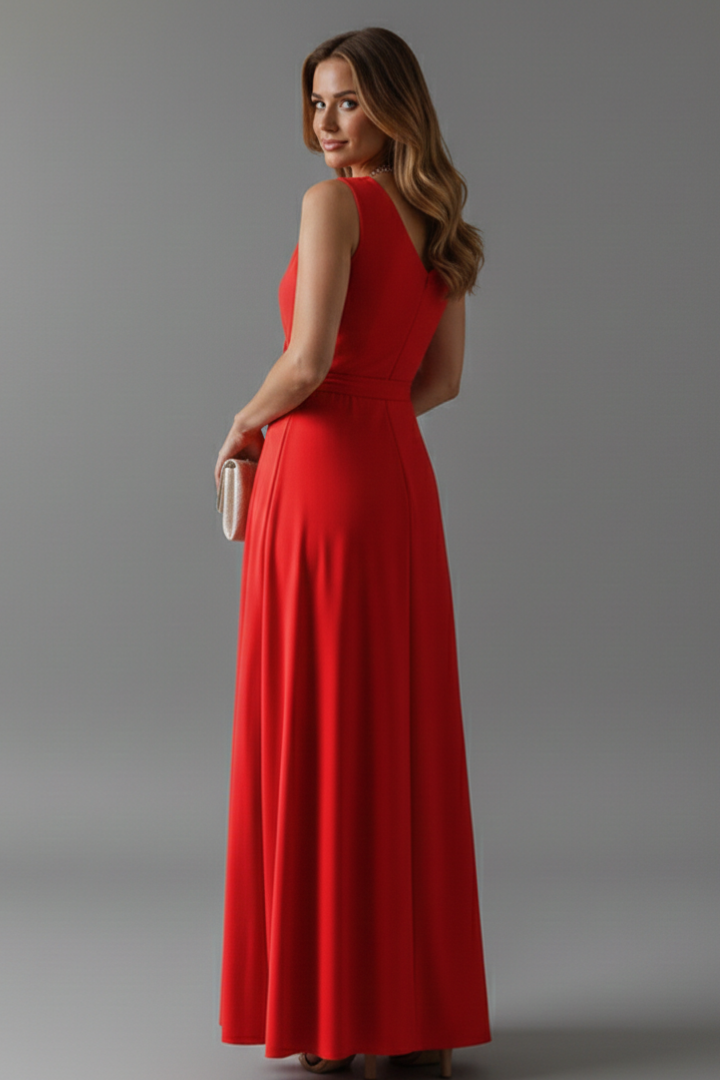 Effortless women's V-neck sleeveless long dress, an elegant maxi perfect for spring/summer events & fashion.