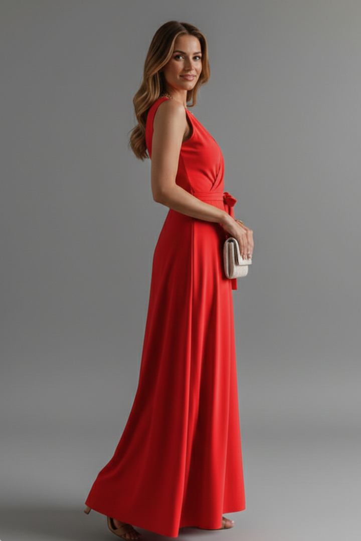 Chic V-neck sleeveless maxi dress for women, a long, flowy dress with a waist tie for elegant spring & summer style.