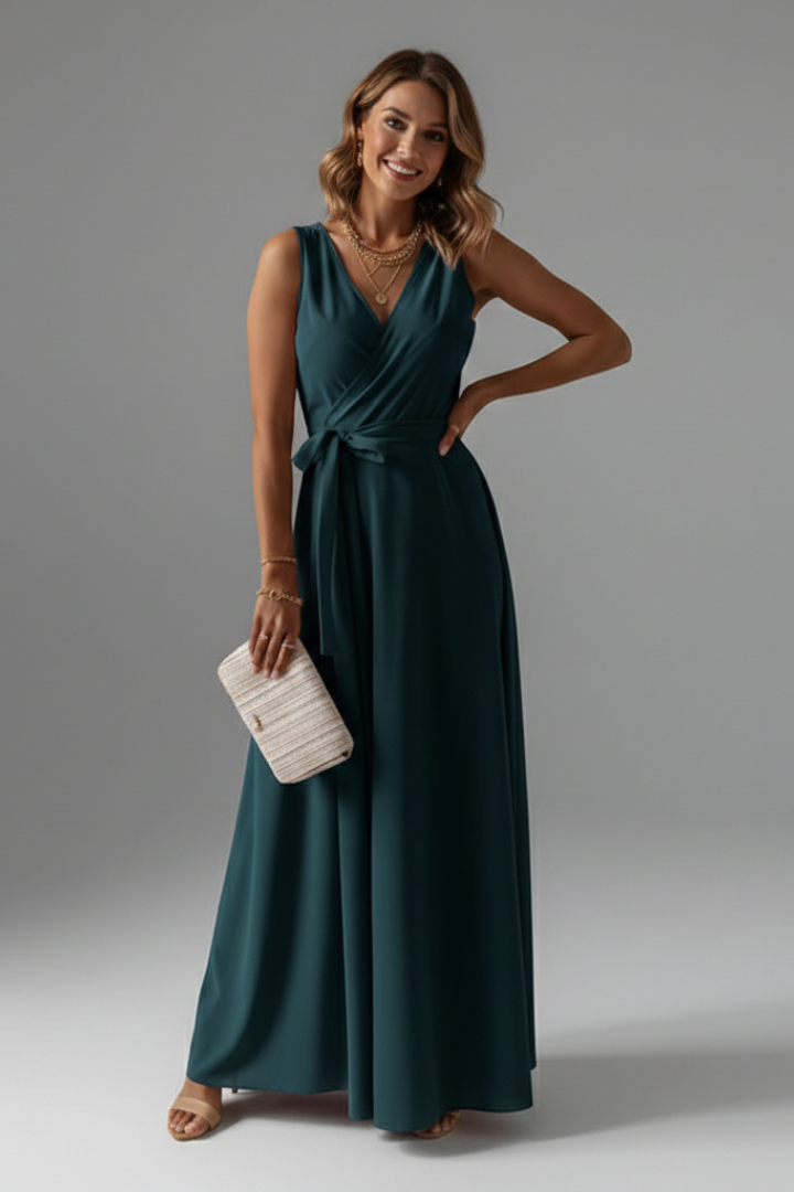 Sophisticated V-neck sleeveless long dress, a women's maxi for elegant spring, summer, and occasion wear.