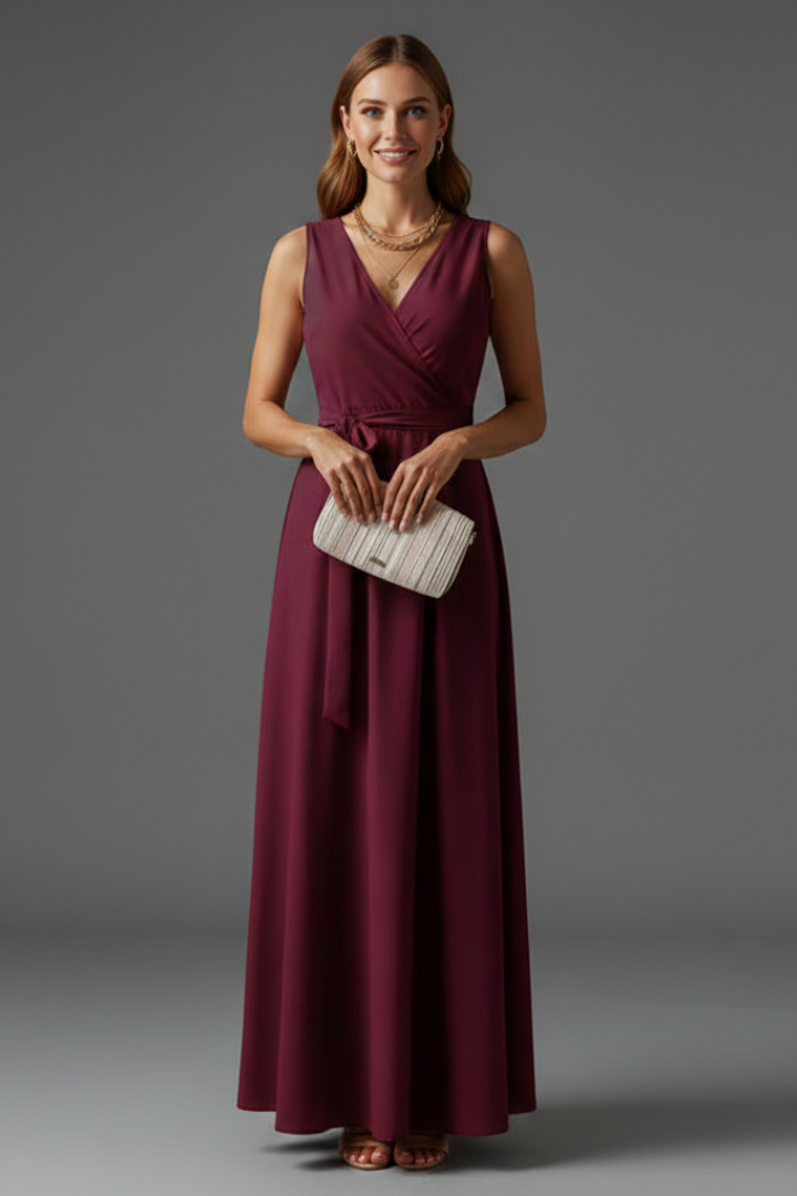 Graceful V-neck sleeveless long dress for women, a maxi perfect for elegant spring/summer parties & casual style.