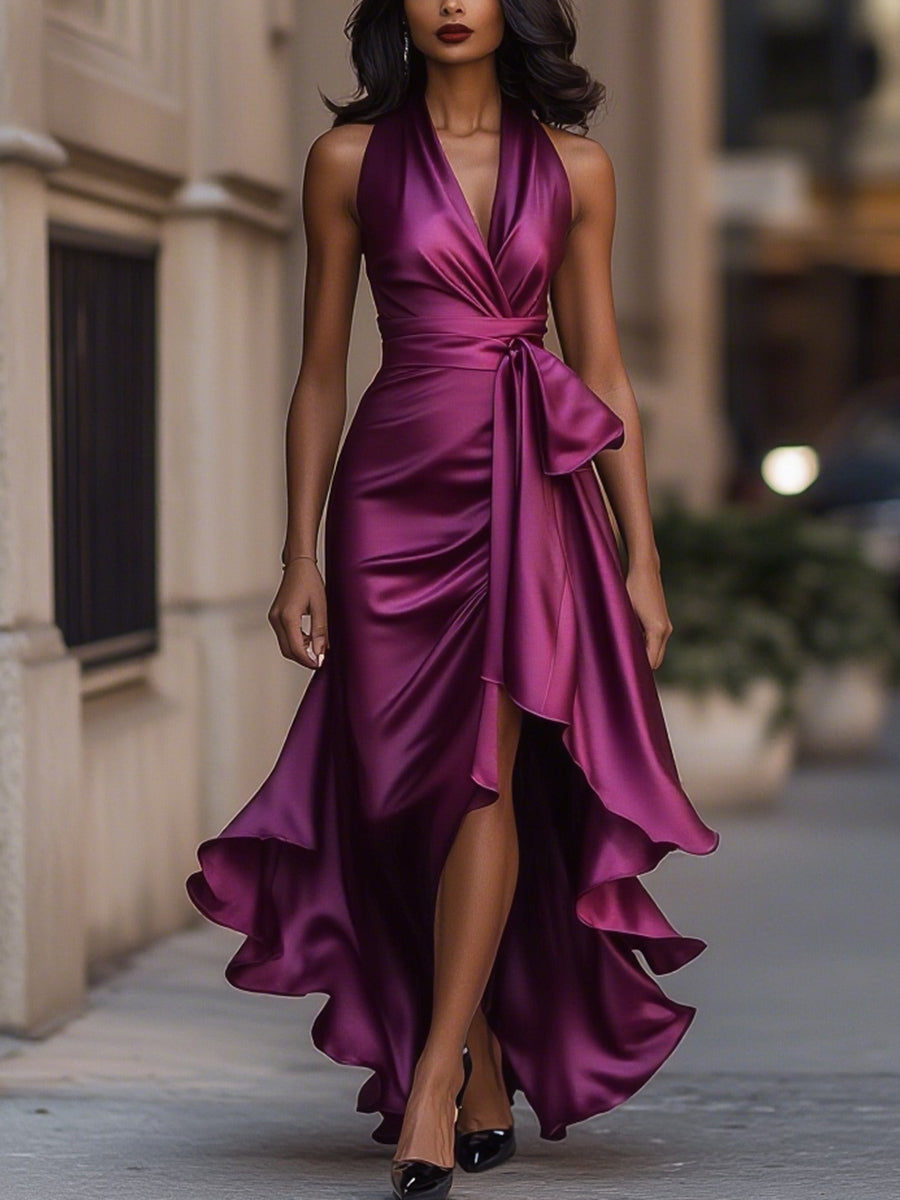 Women's elegant V-neck sleeveless wrap midi dress with high-low hem for summer chic.