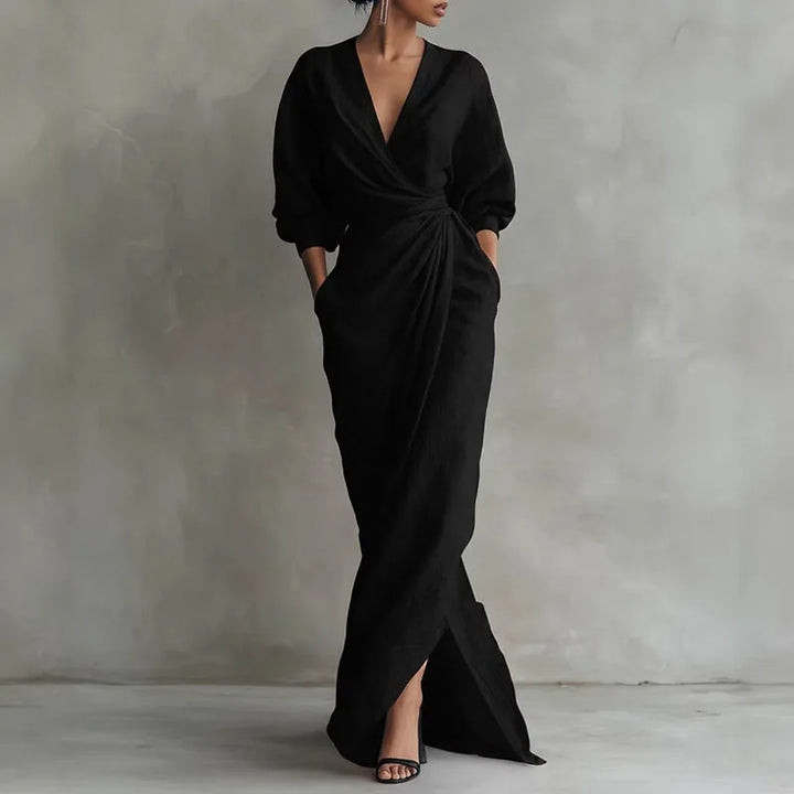 Flattering women's V-neck wrap maxi dress with elegant slim fit. Comfortable and stylish for evening parties.