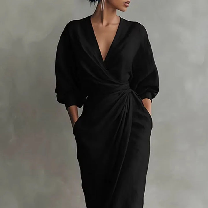 Brown sophisticated V-neck wrap maxi dress for women. Elegant long sleeve party or formal evening wear.