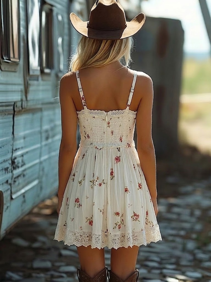 Women's summer white floral mini dress with V-neck, ruffle hem, perfect for casual parties or elegant events.