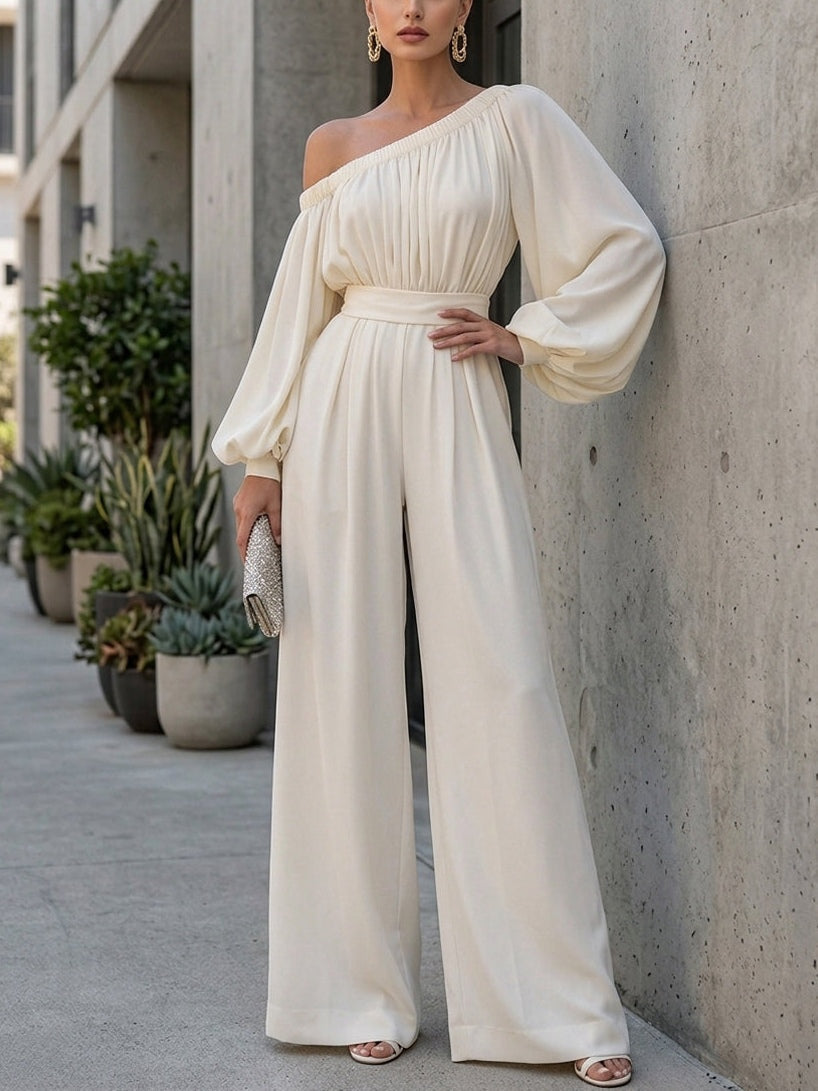 Graceful women's white maxi dress, off-shoulder design with voluminous bishop sleeves for events.