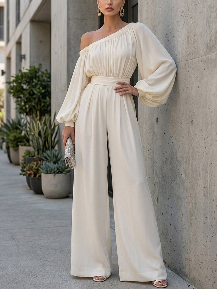 Graceful women's white maxi dress, off-shoulder design with voluminous bishop sleeves for events.