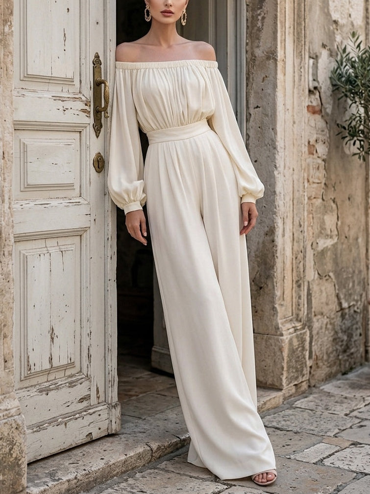Fashionable white off-shoulder party dress, a long maxi gown with elegant bishop sleeves.